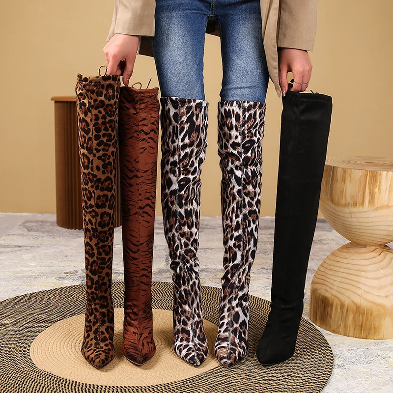 Ladies Fashion Leopard Print Over Knee Boots Autumn Winter High Boots Pointed Toe Stretch Fabric Ladies High Heels Bottes Femme