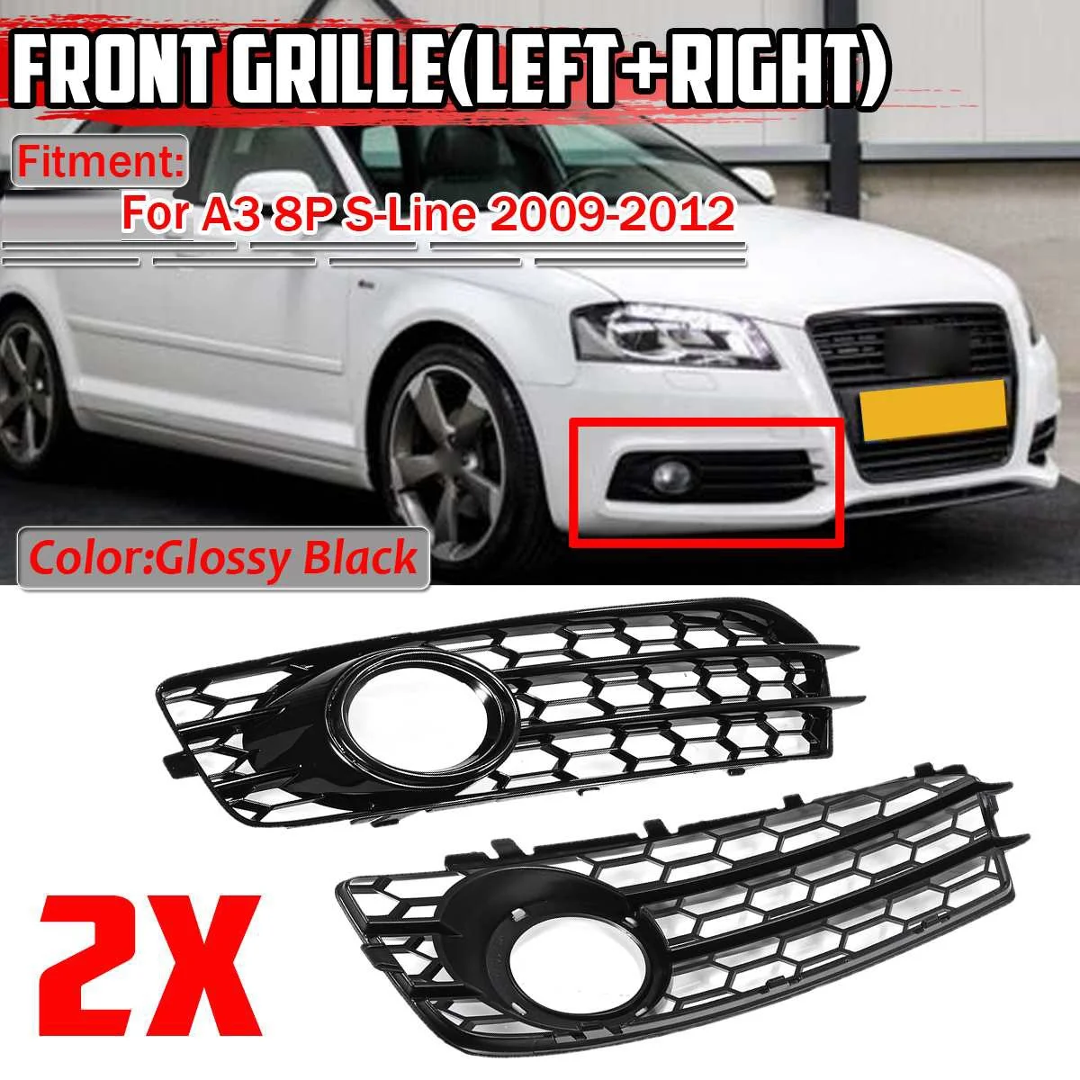 1 Pair Car Front Bumper Fog Light Mesh Grille for  A3 8P S-Line 2009-2012 Fog  Honeycomb Grille