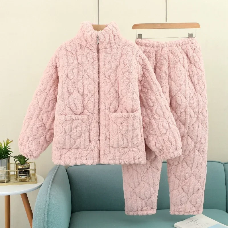 Korean Casual Style Zip-up Cotton Jacquard Fleece Thick Pajamas Youth Sweet Fashion Flannel Winter Home Wear Can Be Worn Outside