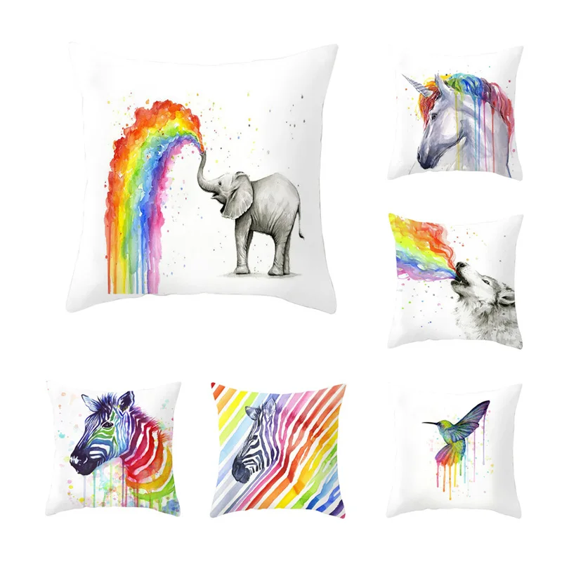 Rainbow Animal Pillowcase Cute Unicorns Wolf Pillow Case for Living Room Bedroom Sofa Boy Girl Kid Gift Room Aesthetics 40x40cm