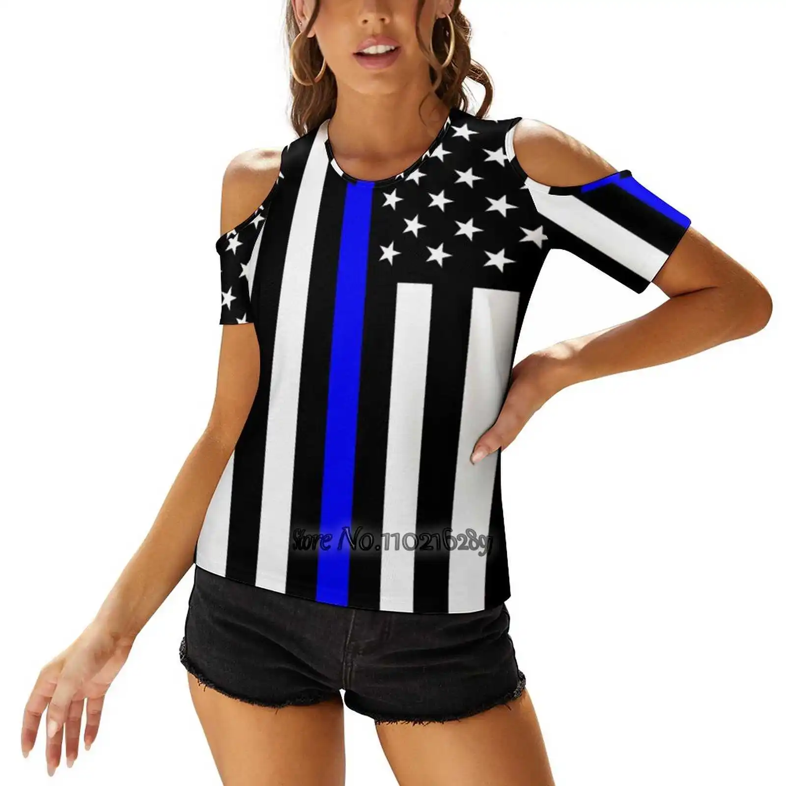 Police : Black Flag & Blue Line Women T-Shirt Back Lacing Sexy T Shirts Hollow Out Pullover Top Black Blue Career Cop