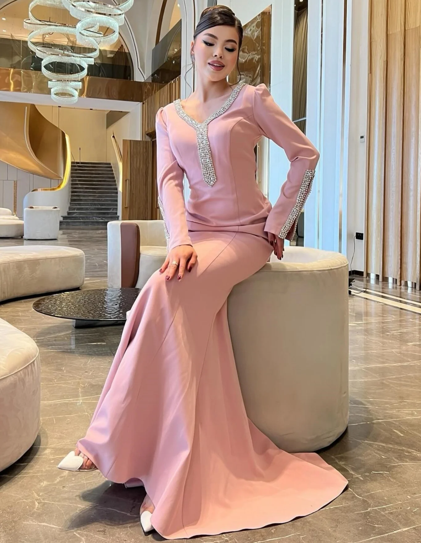Customized Intricate Matching Jersey Sequined Trumpet V-neck Long Dresses Bespoke Occasion Intricate Formal
