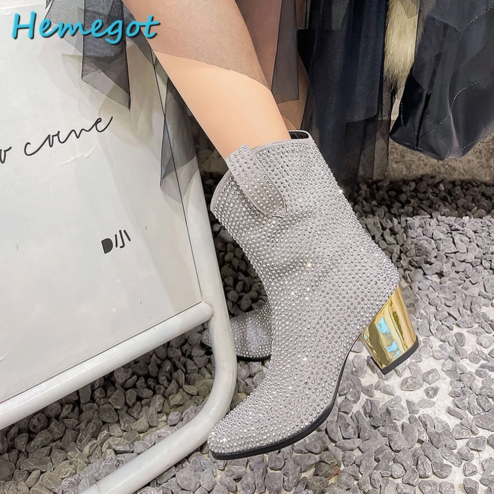 Full Rhinestone Bling Ankle Boots Pointed Toe Side Zipper Block Chunky Heel Silver Solid Fashion Women Shoes Runway New Arrival