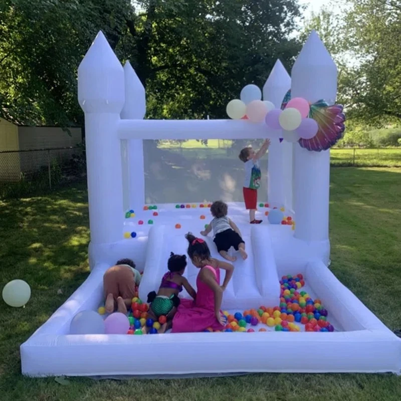 Castelo inflável branco com ventilador, trampolim, bola deslizante, piscina, festa de casamento, parque, aluguel de eventos, brinquedo infantil, casa de salto