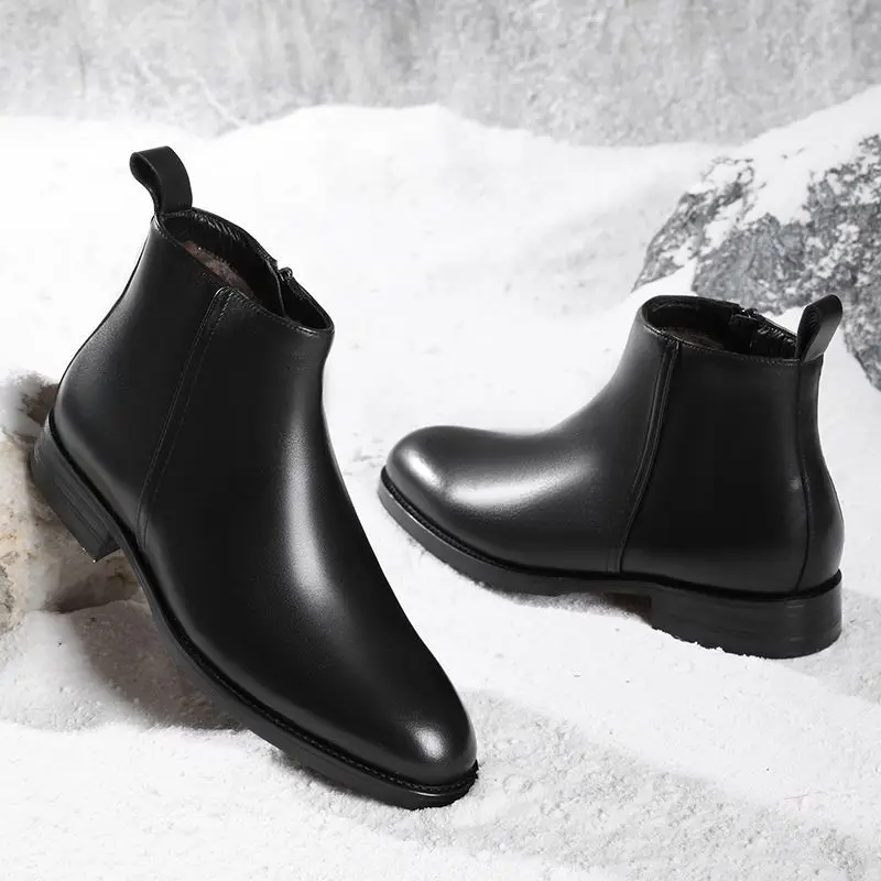 Sharp pointed Chelsea boots men's zipper British high top formal leather shoes fur integrated men's shoes boots