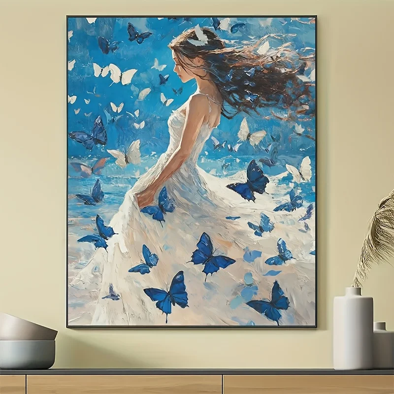 500/1000/1200/2000PCS Puzzles for Adults Blue White Butterfly Elegant Woman,Jigsaw Puzzles Brain Challenge Game Gift Home Decor
