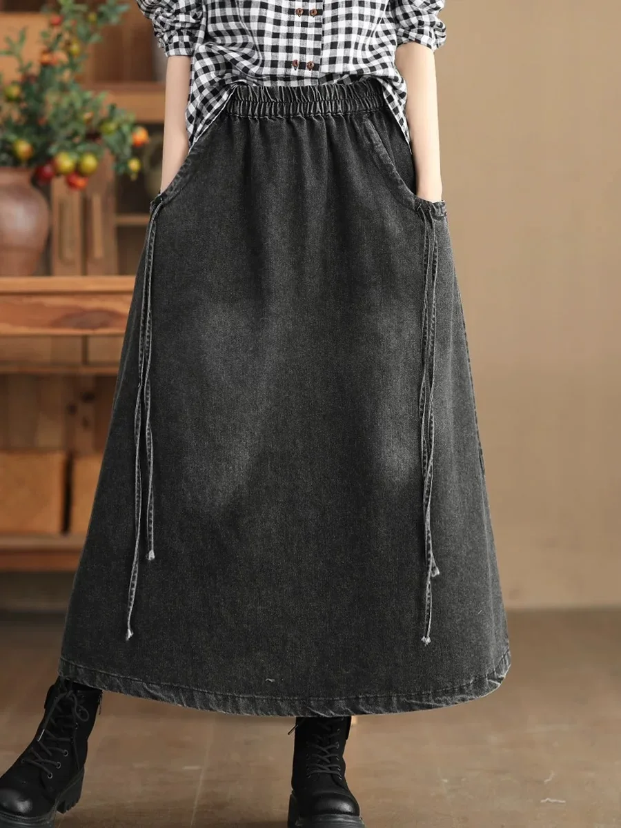 Rok Denim Y2k pakaian wanita rok panjang pinggang elastis rok Harajuku Fashion antik Solid A-line longgar rok jeans wanita