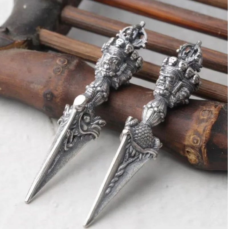 Vintage Style 100% 925 Silver Tibetan Buddhist Phurpa Pendant Good luck Buddha Amulet