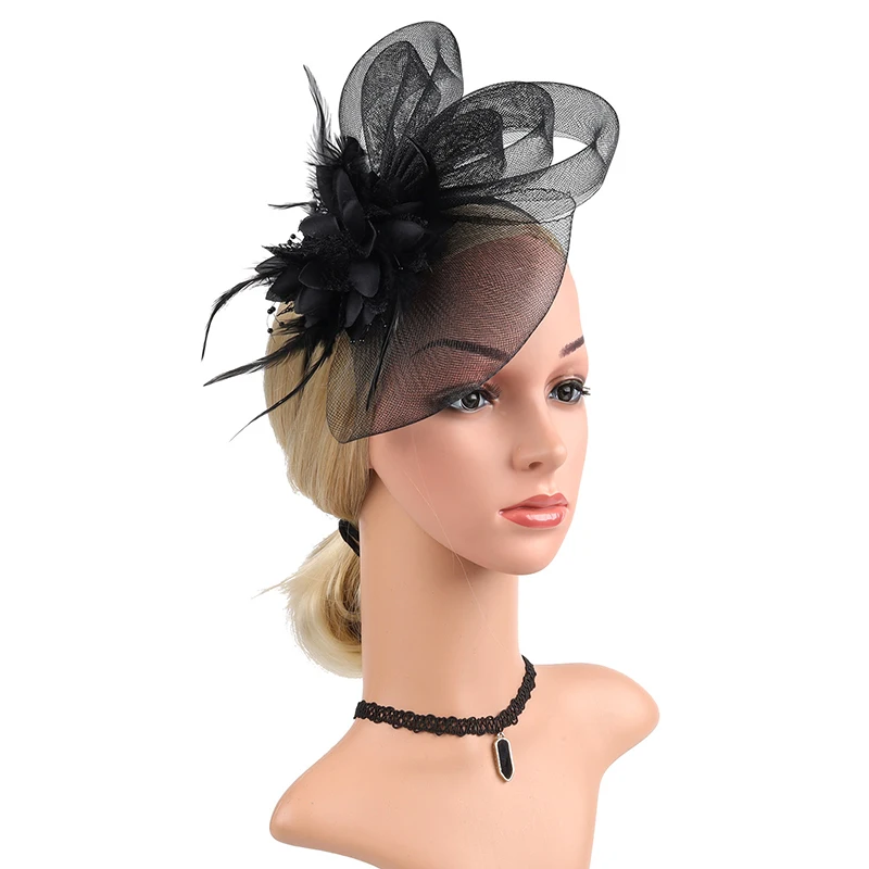 Elegant Lady's Headwear Prom Party Head Flower Bridal Saltire Hairpin Feather Mesh Hat Hair Accessory For Women