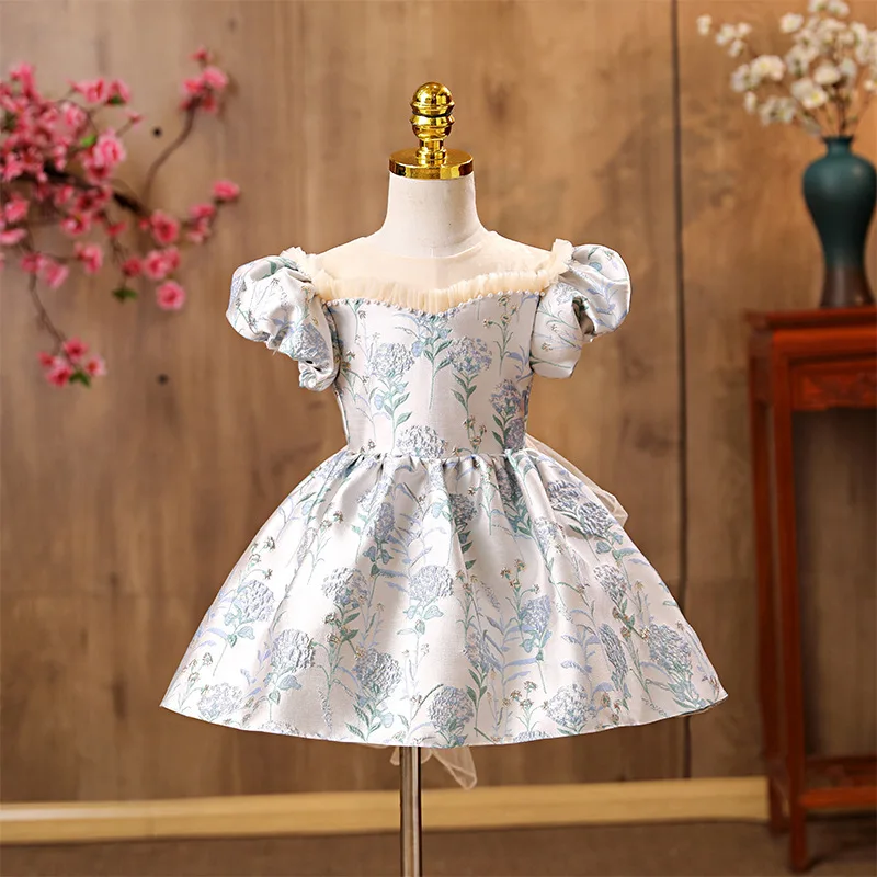 New Style Birthday Party Dress Girls' Embroidery Flower Dress Puff SLeeve Silk Ball Gown Children's Dancing Dress