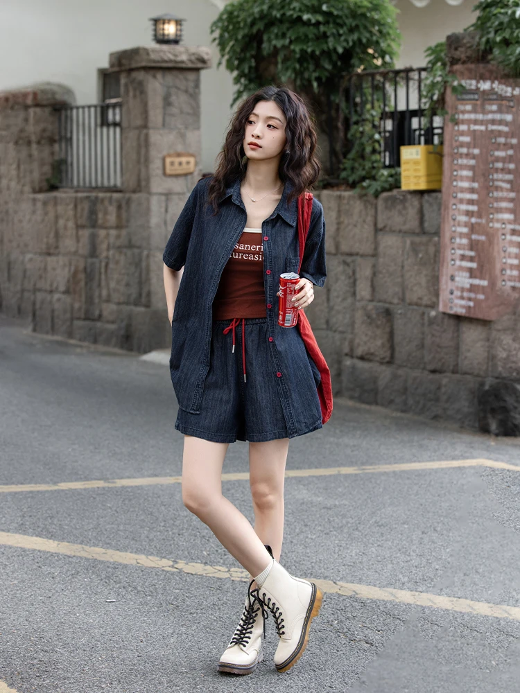 

Свободный повседневный джинсовый комплект: рубашка и шорты, широкие брюки на пуговицах, модная одежда для молодых женщин