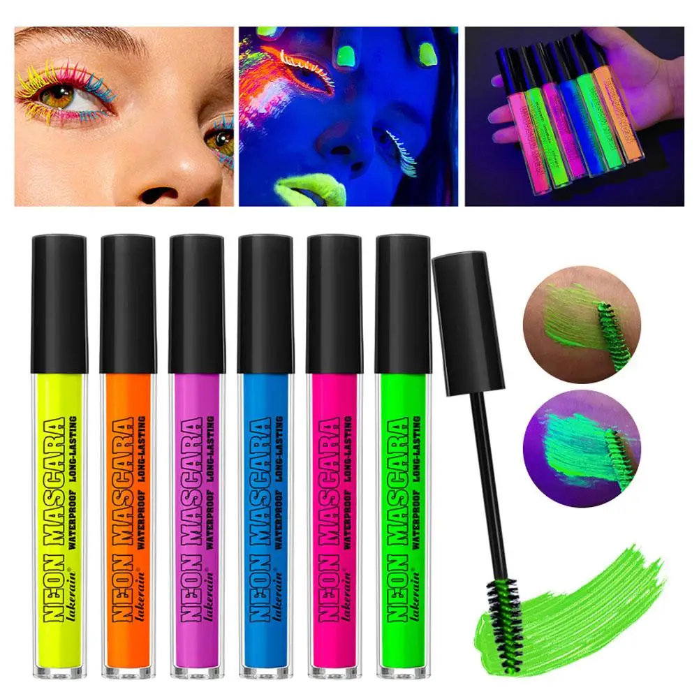 Máscara fluorescente de neón de 6 colores, maquillaje duradero resistente al agua, cosmético para Halloween, máscara rápida de secado, extensión de pestañas luminosa Pi I8G9