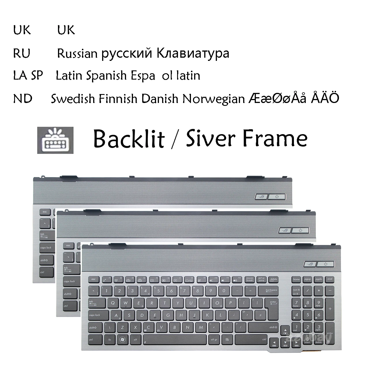 Teclado UK LA Latino Espanhol Sueco Finlandês Dinamarquês Norueguês Russo para ASUS G55V G55VW V132662AK2 V132662AS1 V132662AK1 0KNB0-B410RU00 B410UK00, Retroiluminado