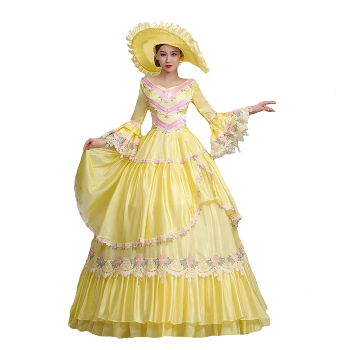 Robe Renaissance médiévale victorienne pour femme, robe de Rhde théâtre jaune, scène 303 avec chapeau, robe de princesse Palace