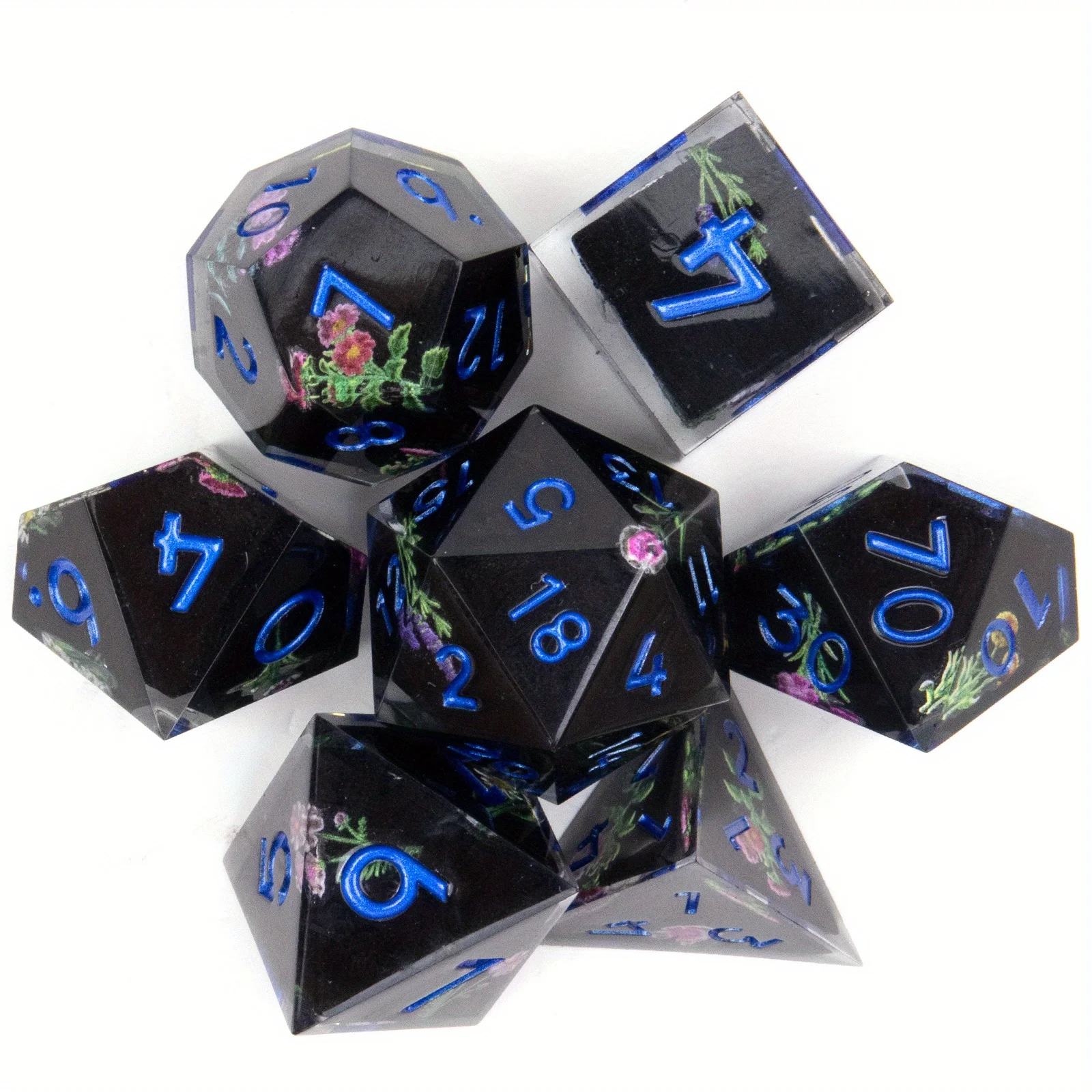 

7 Pcs Black Flower Resin Golden Number Sharp Edge Dice Polyhedral Dice Suitable for Role-Playing RPG Board Game