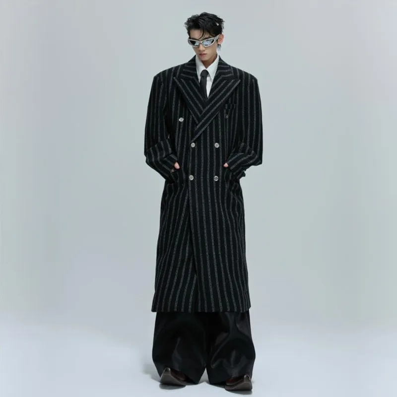 

WVGA Autumn Winter New Man Tide Striped Oversized Waist-Cinching Trendy Long Jacket Niche Chic Casual Trench Coat Ins Y2K W12865