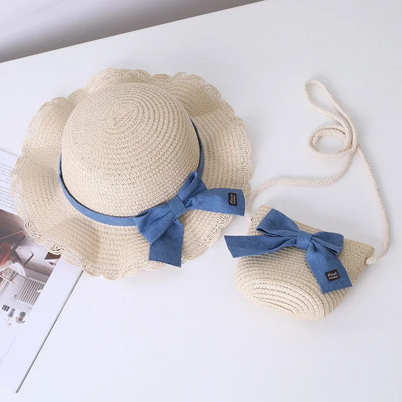 2-6Y Kids Girl Bowler Straw Hat Summer Wide Brim Bowknot Beach Sun Caps and Shoulder Bag for Toddler Seaside Travel Outdoor