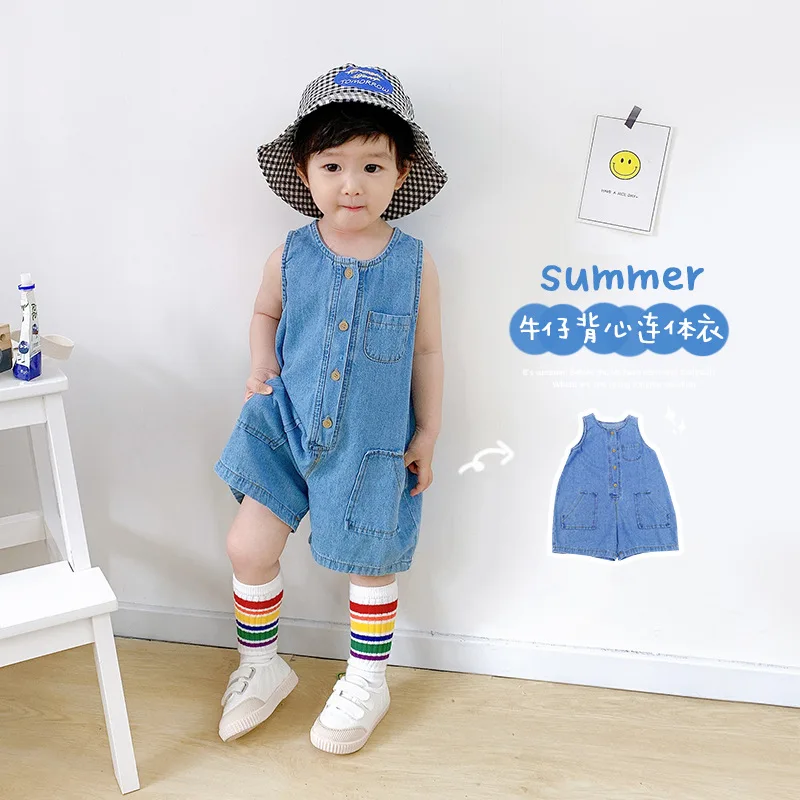 

2026 Summer Korean Style Sleeveless Denim Baby Romper Boys Casual Jumpsuit Button Down Toddler One-Piece Outfit