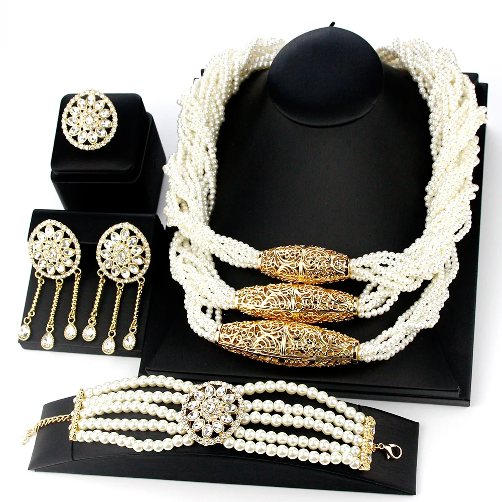 

Sunspicems Gold Color Morocco Bride Jewelry Sets Women Multilayer Beads Chain Choker Necklace Long Earring Ring Charm Bracelet