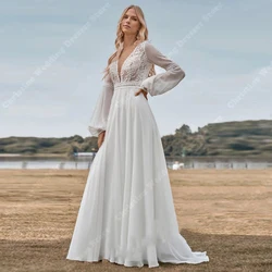 A-Line Women Wedding Dresses Sexy Deep-V Neck Long Sleeves Bride Gowns Elegant Bridesmaid Attire Vestidos De Noivas Customized