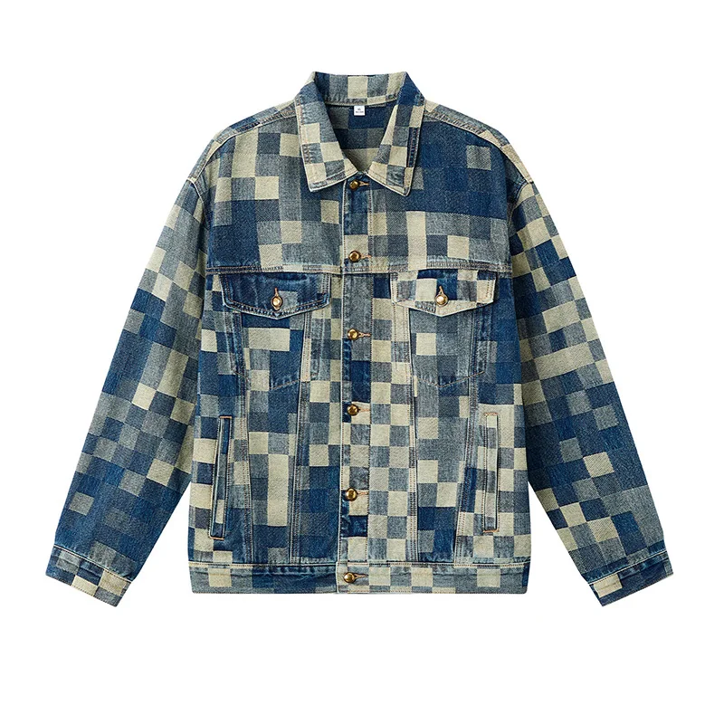

Akkad Kuti Amekji Retro Autumn Vintage Checkered Denim Jacket for Men Flip Collar Single Breasted Casual Jacket