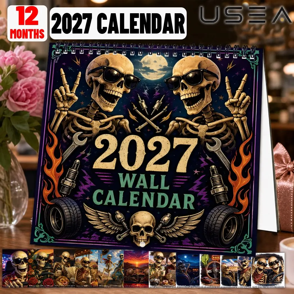 2027 Wall Calendar, 12 Month Yearly Organizer,Skull Motorcycle Themed, US Holidays, Moon Phases, Aesthetic Decor & Gift