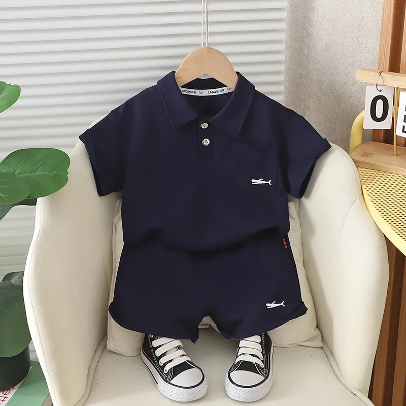 

2024 Baby Summer Clothes for Kids Boy Embroidered Whale Flip Collar Short Sleeve T-shirts and Shorts Boys Boutique Outfit Set