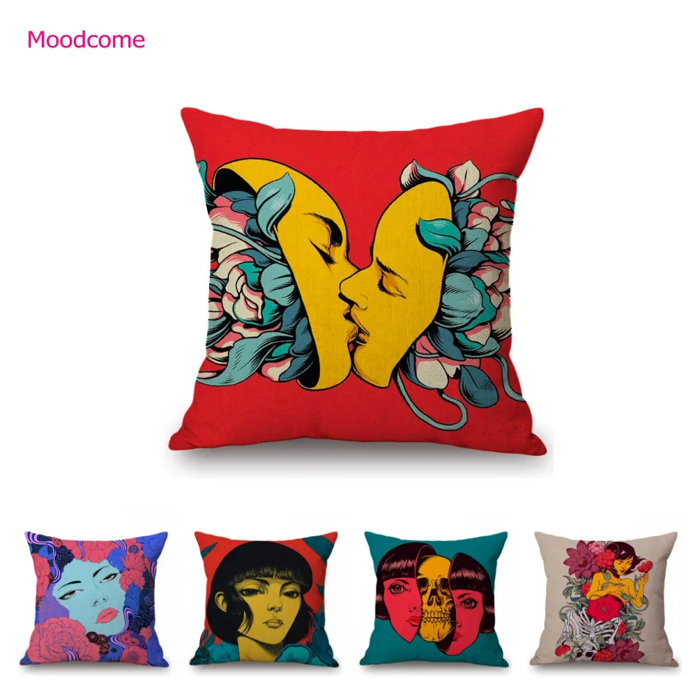 Surrealism Portrait Funky Cartoon Art Kiss Unique illustration Cotton Linen Sofa Bench Throw Pillow Case Home Cushion Cover