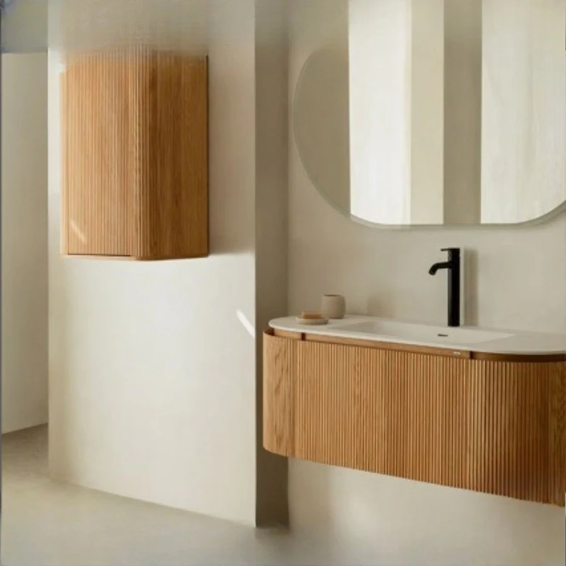 American solid wood retro, modern simplicity, striped bathroom, cabinet Corian artificial stone washbasin