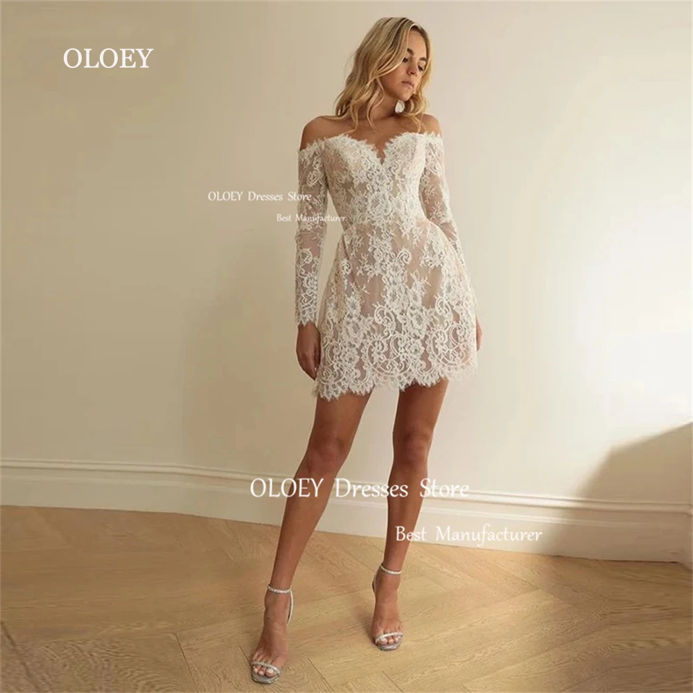 

OLOEY Off Shoulder Short Wedding Dress 2024 Sweetheart Long Sleeves Lace Boho Bridal Gowns Elegant A Line Bridesmaid Dress