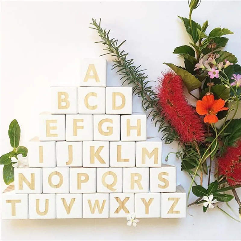 Nordic Wooden Alphabet Letters Decoration Wood ABC Cubes Kids Learning Toys DIY Baby Name Blocks Newborn Photography Props