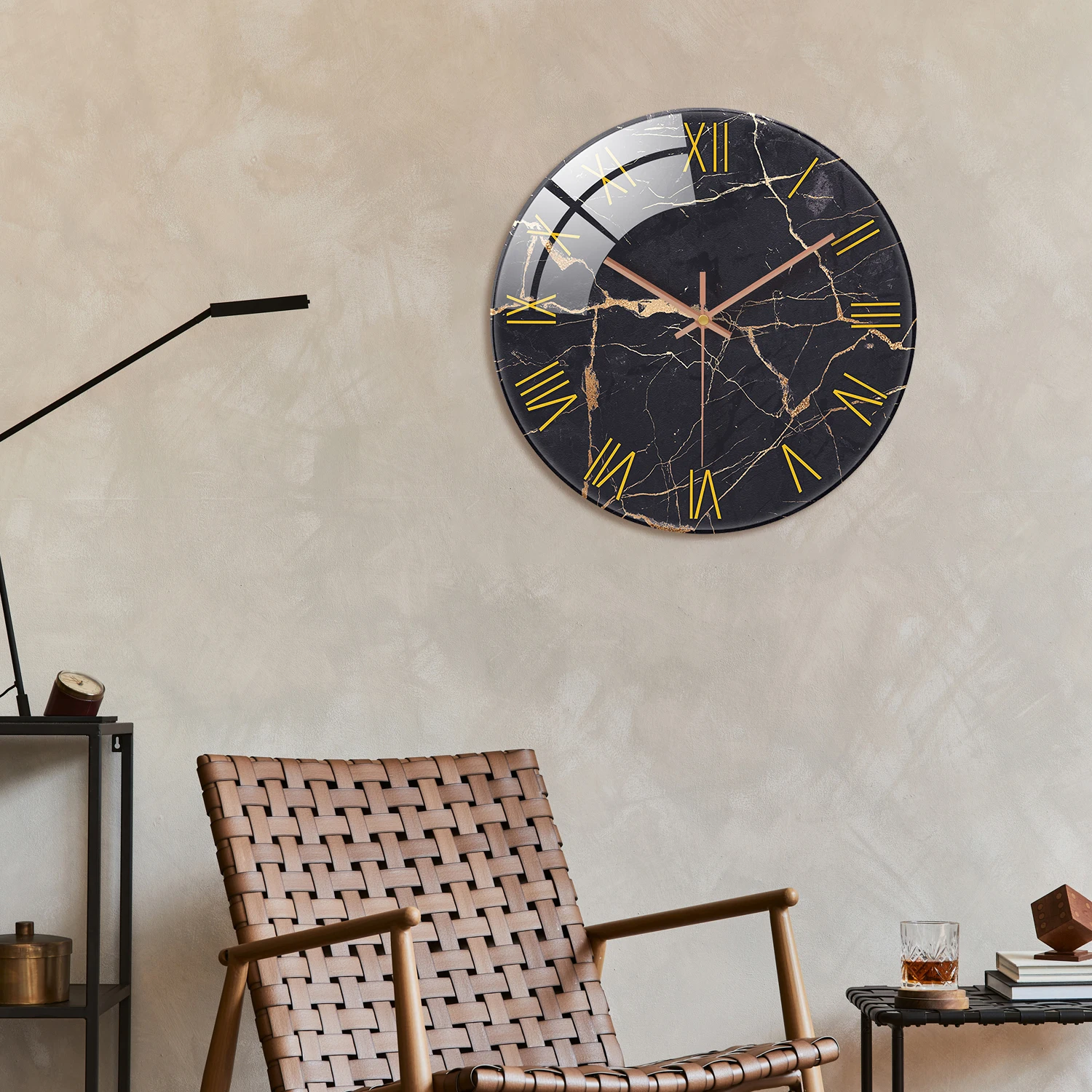 1pc 12 inch tempered glass wall clock, modern simple black marble texture gold Roman numerals design wall clock, home mute clock