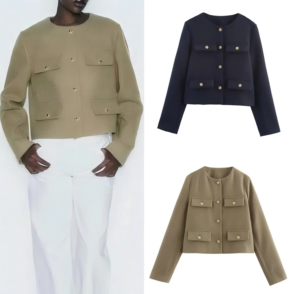 

Women's new fashion flip cover decoration short single breasted suit jacket retro O Neck long sleeved women's jacket chic top