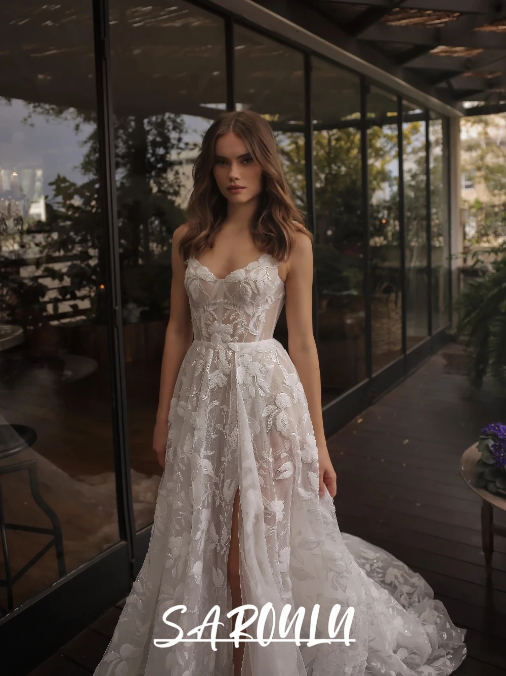 

SAROULU Illusion Floral Plus Size Customized Spaghetti Strap Sexy Glitter High Slit Wedding Dress Delicate Appliques Corset Gown