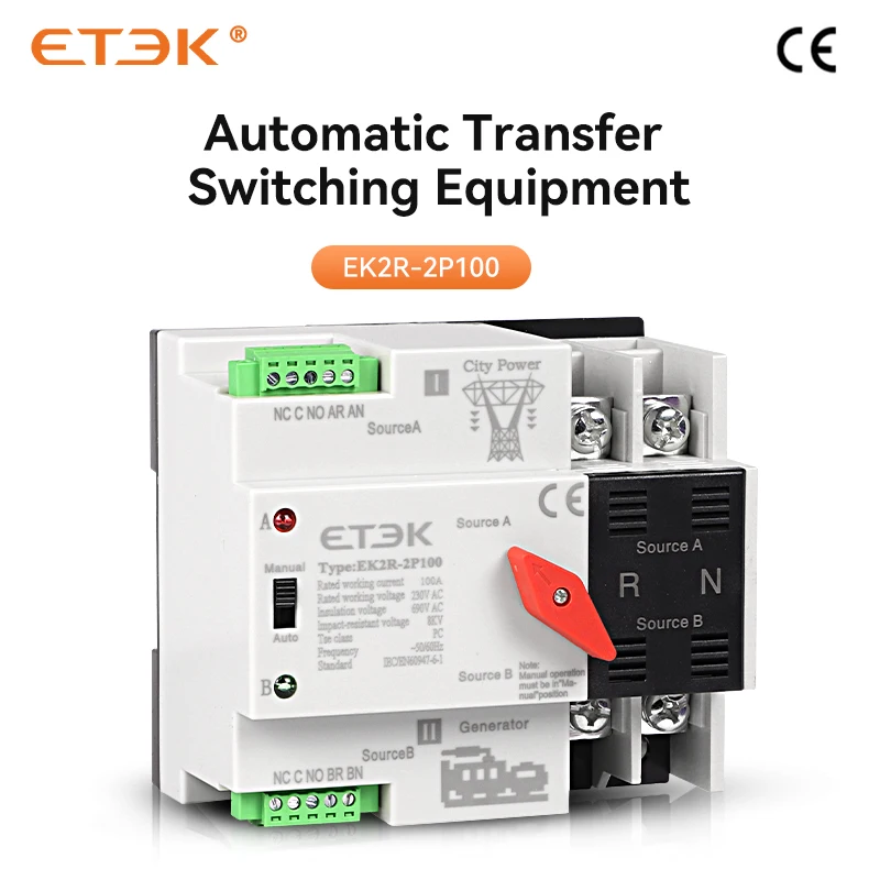 

ETEK Dual Power Automatic Transfer Switch 2P 4P Din Rail ATS Uninterruptible Power Supply For Solar And Inverter 220V EK2R