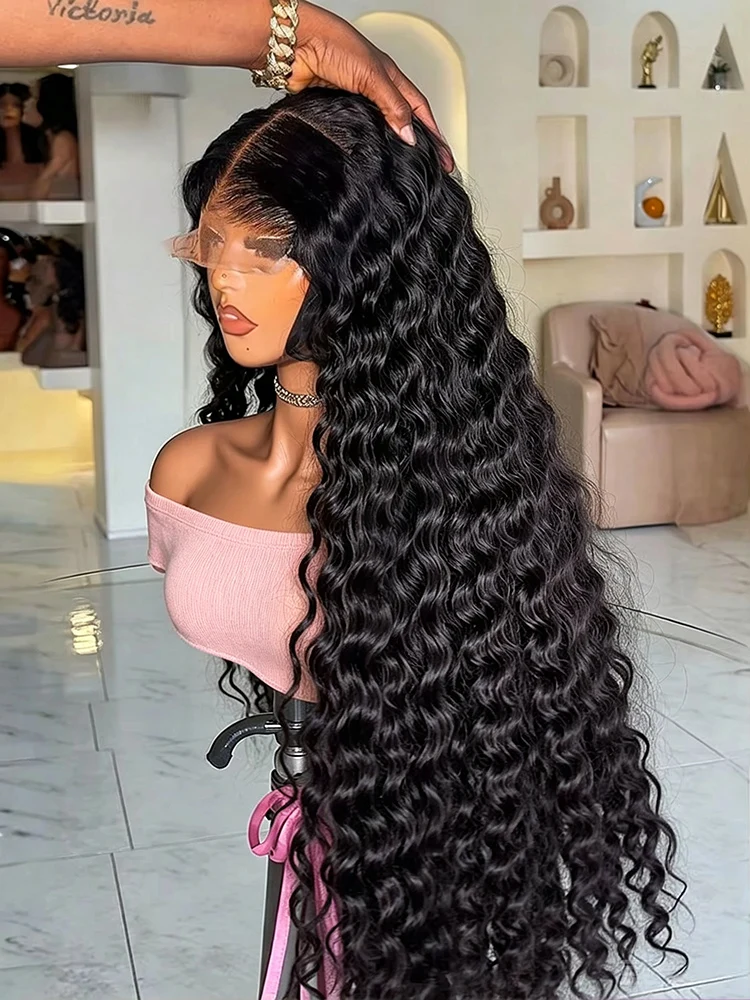 250% Density 40 46 Inch Deep Wave 13x6 HD Lace Frontal Wig Brazilian Water Wave Curly 13x4 Lace Front Human Hair Wigs For Wwomen Raw Human Hair Wigs Preplucked Bleached Knots Natural Hairline