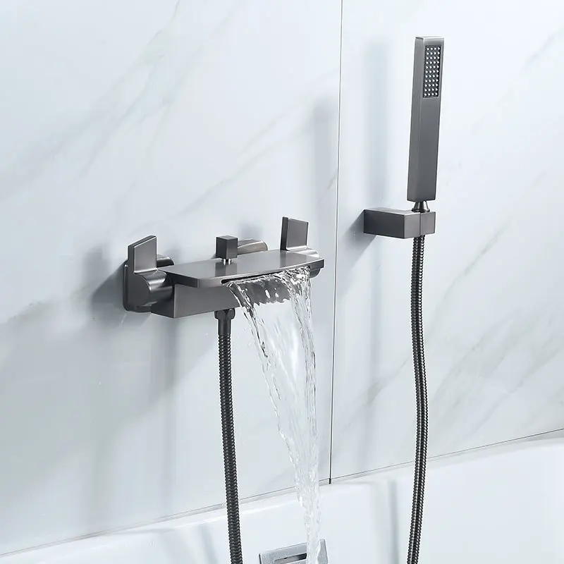 Copper gun gray waterfall style bathtub faucet with cold and hot wall type high flow mixing valve shower shower set