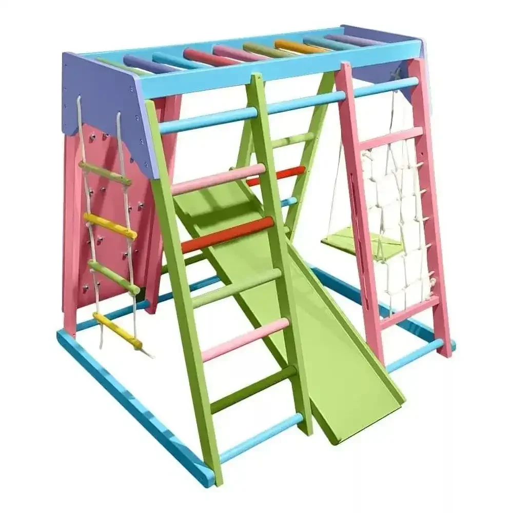 Equipo de Gimnasio para Niños, Muro de Escalada, Barra de Dominadas, Escalera y Tobogán, Columpio de Madera, Gimnasio Infantil para Interiores