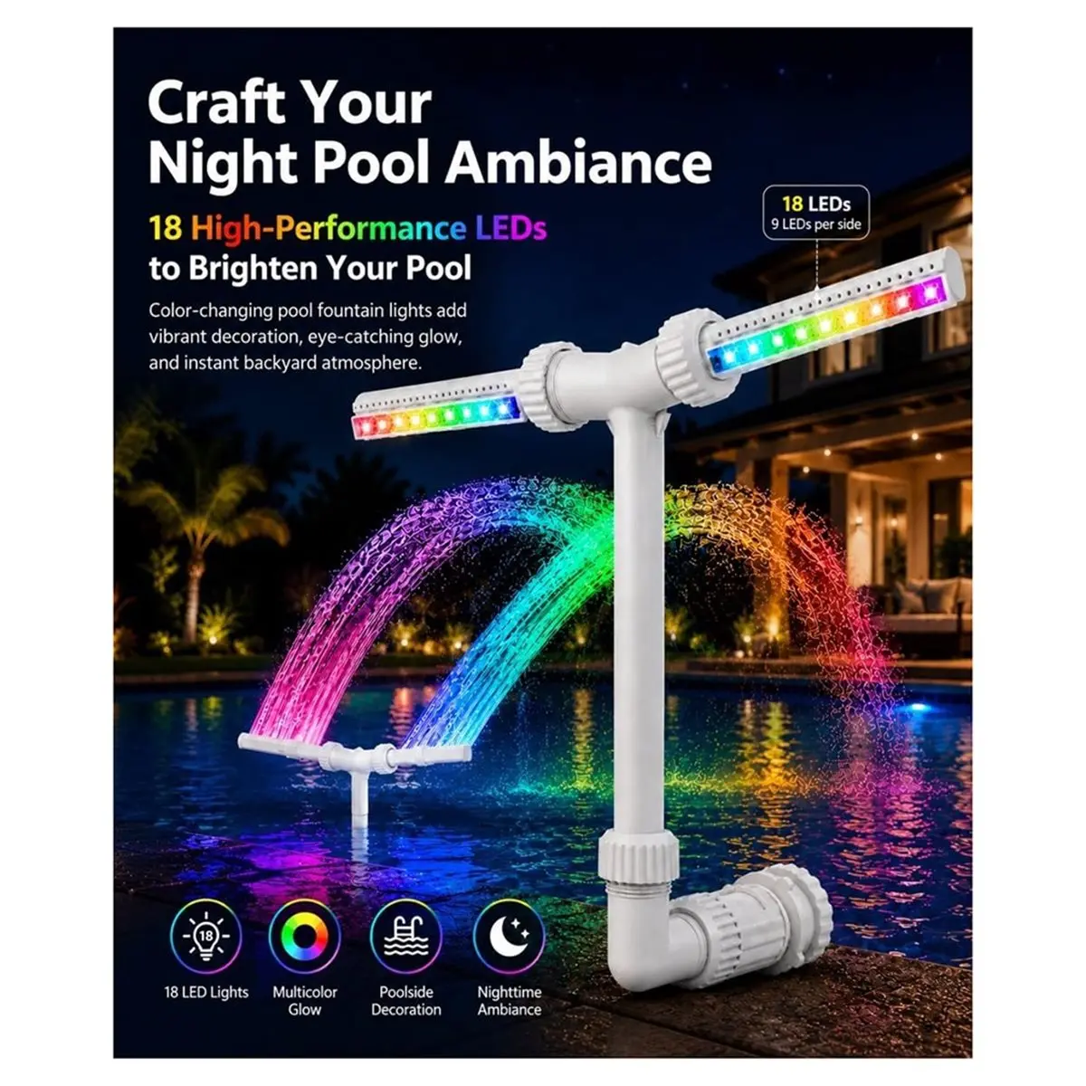 2027buy Solar Pool Fountain with 18 LED Lights, High Pressure Floating Pool Sprinkler, Solar Water Feature Phone Remote Control