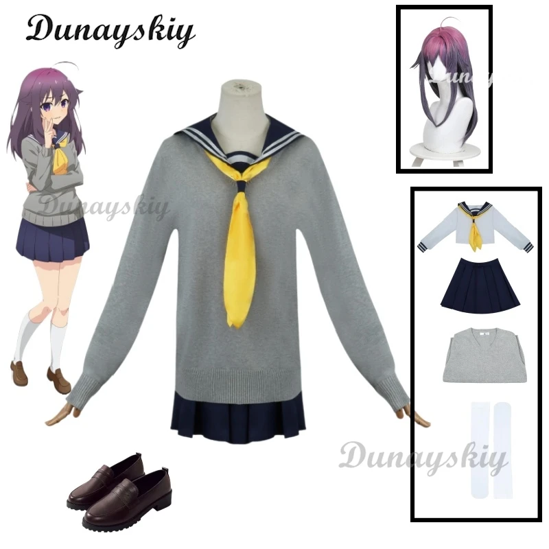 My Deer Friend Nokotan Anko Koshi Cosplay Costume Wig Pink Purple Hair Anime Hino Minami High School Uniform Sweater Suit