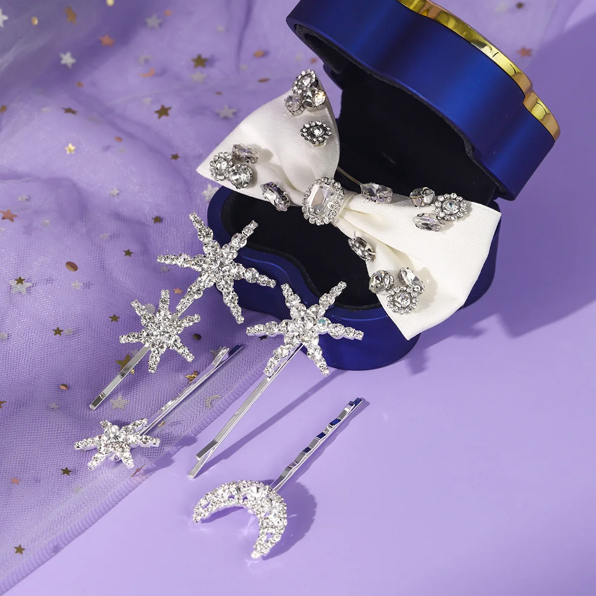 Sliver Fashion Star Ribbon Rhinestone Hair Clip Set Daily Hairpin Headpieces for Girls Holiday Party Hair Accessories Jewelry