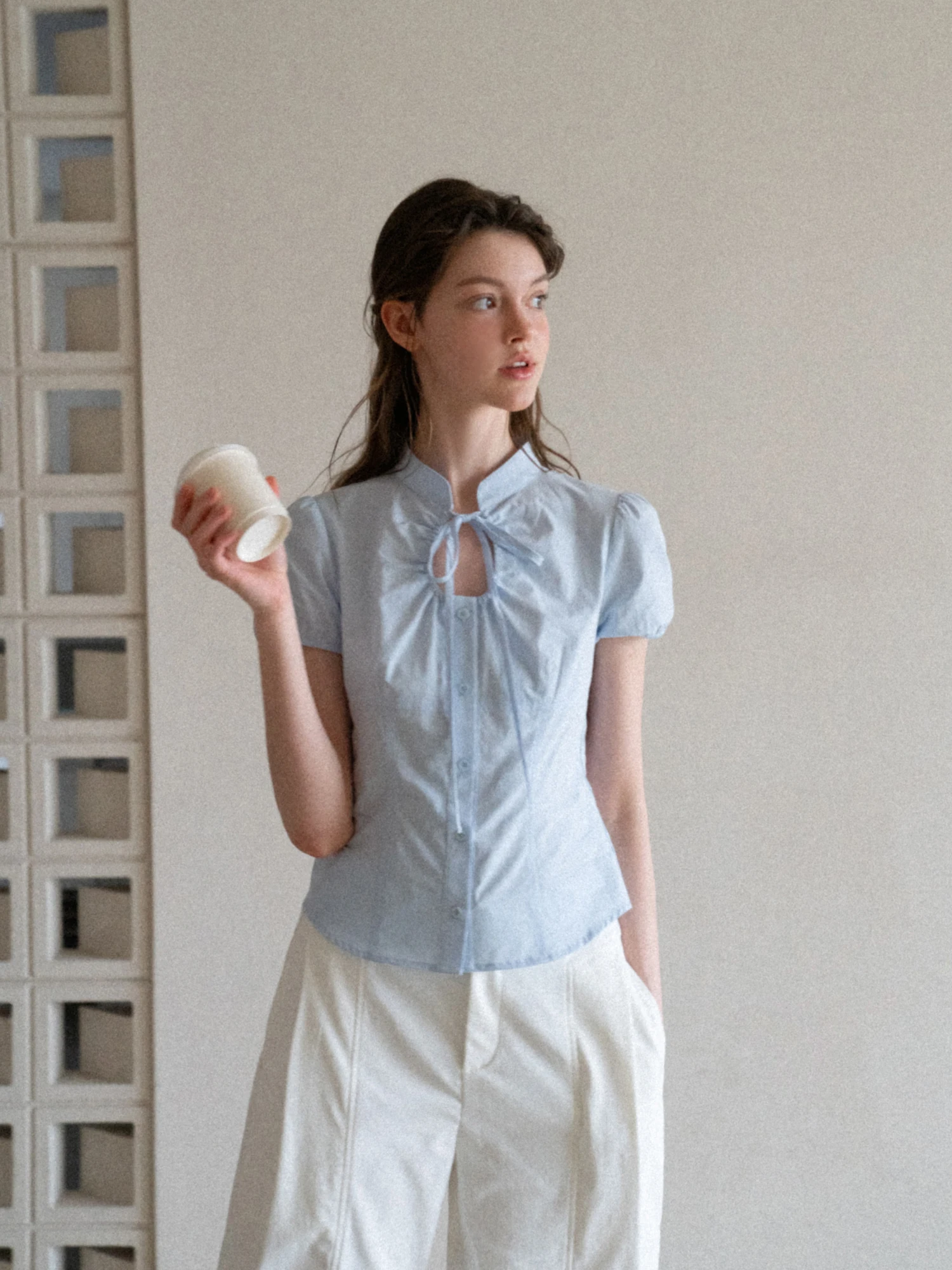 

New Chinese Style Women's Shirt EGGKA Hollow out Bow Tie Bubble Sleeve Stand Collar Summer Design Unique Fashion Top