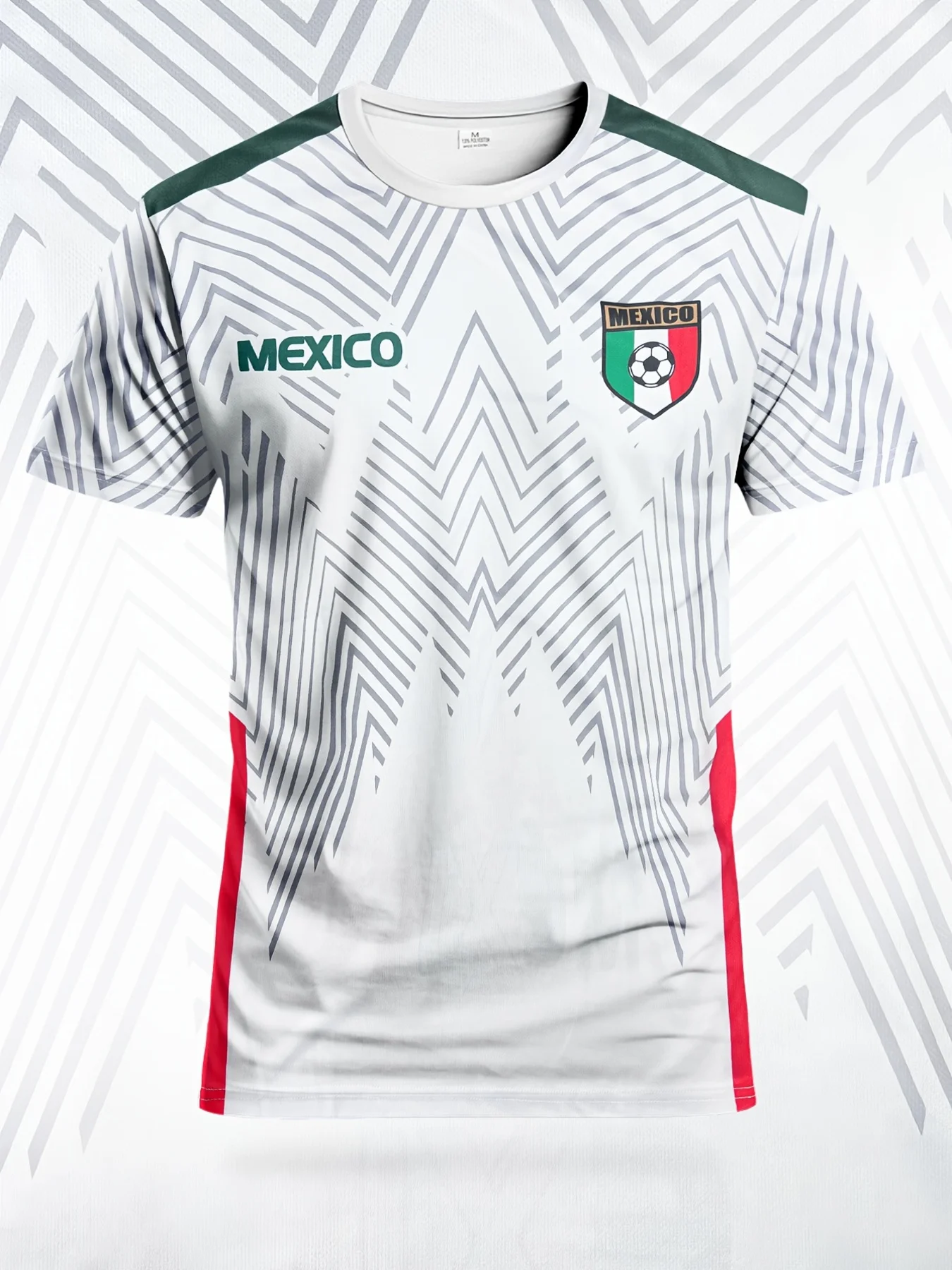 This men's slim-fit, breathable soccer jersey features a bold geometric design with red and gray stripes and the word 