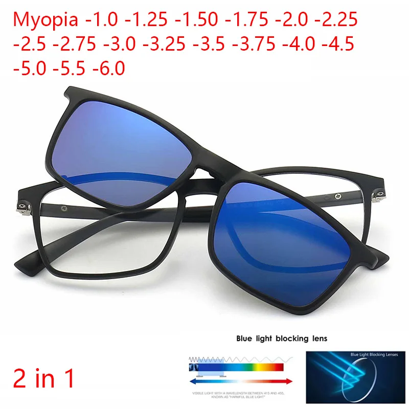 Myopia Magnet Sunglasses Clip Prescription Glasses Square -0.5 to -6.0 Anti Blue Light Dual-purpose Spectacles Nearsighted