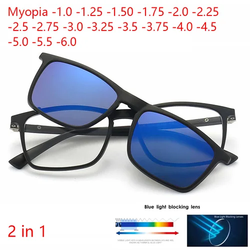 Imagen 1 del producto Gafas de sol con imán para miopía, gafas graduadas con Clip, cuadradas,-0,5 a-6,0, antiluz azul, gafas de doble uso para miopía