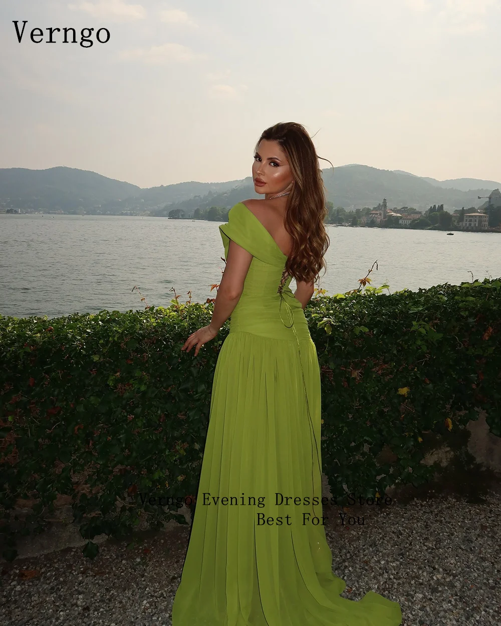 Verngo Green Evening Dress Elegant Off The Shoulder  A Line Prom Dress Flowing Hand-pleated Silk Prom Party Dress Customized