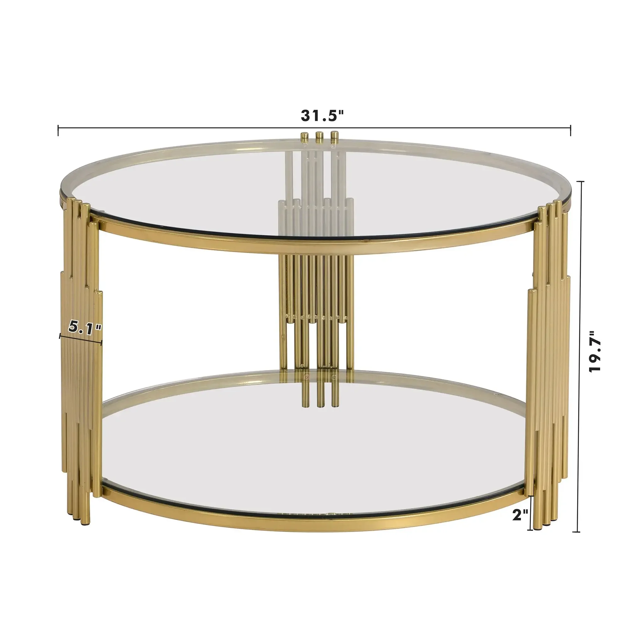 Table basse moderne en verre de 31,5 po, métal asymétrique, base de tambour circulaire en métal, finition dorée et étagère inférieure, tables de café