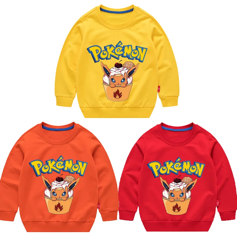 

Популярная детская куртка с длинными рукавами и круглым вырезом в стиле аниме Eevee Flareon с мультяшным рисунком, удобная и мягкая, для мальчиков и девочек