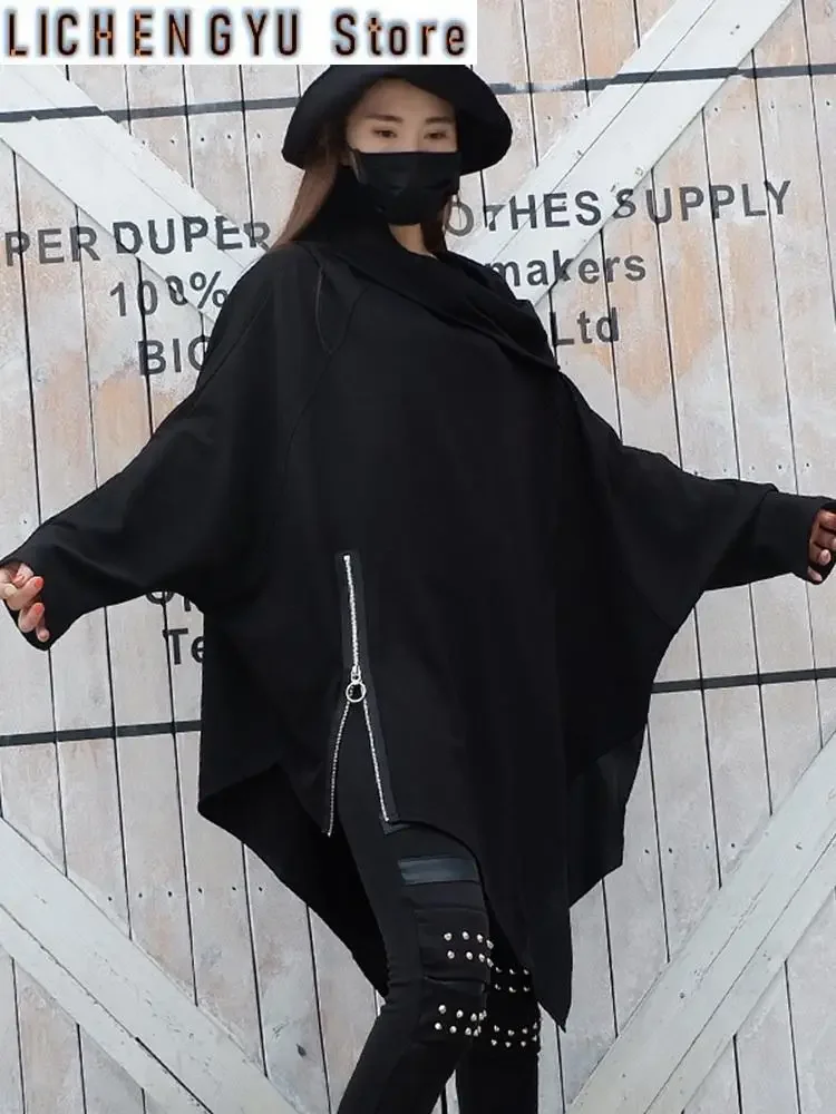 Loose Fit Black Zipper Irregular Casual Sweatshirt New Long Sleeve Women Big Size Fashion Tide Spring Autumn