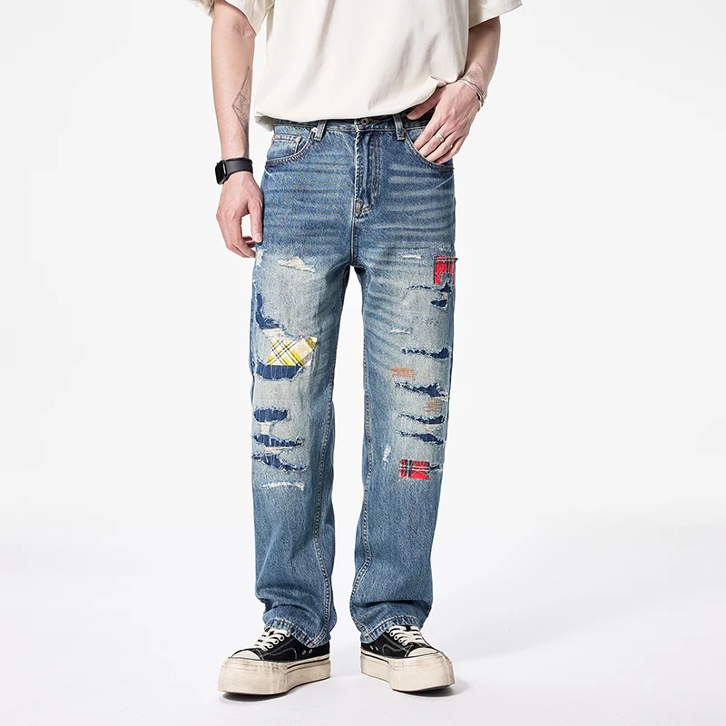 New Men Streetwear Hip Hop Loose Casual Ripped Denim Jeans Pants Trousers Vintage Patchwork Distressed Jeans
